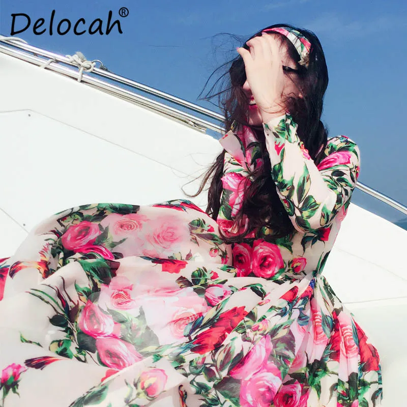 Многоцветный Delocah, женское платье макси для отдыха, подиум, модный дизайн, длинный рукав, праздничное, бохо, элегантное, шифоновое, с цветочным принтом, длинное платье - Цвет: Многоцветный