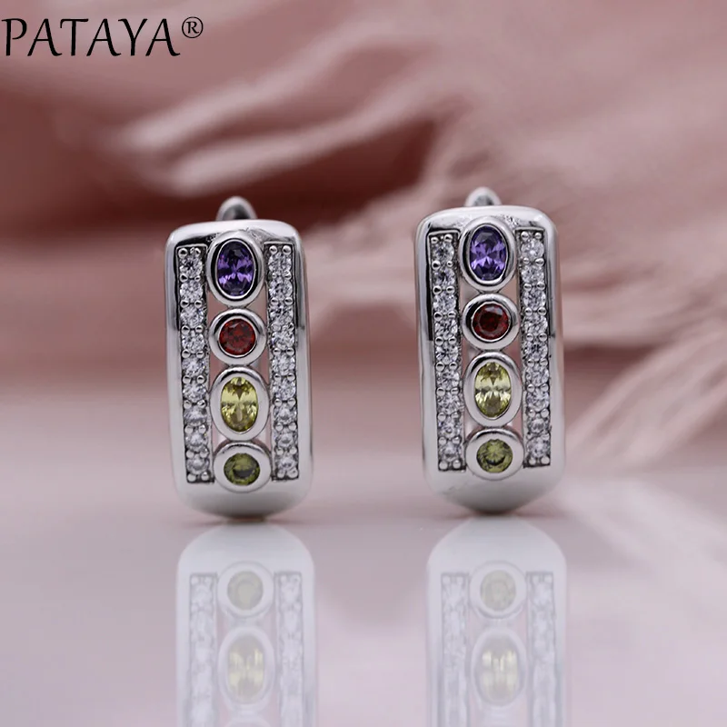 PATAYA, новинка, полые разноцветные висячие серьги, белое золото, Круглый Овальный натуральный циркон, Женские уникальные модные ювелирные изделия, вечерние серьги, подарок - Окраска металла: Purple Color