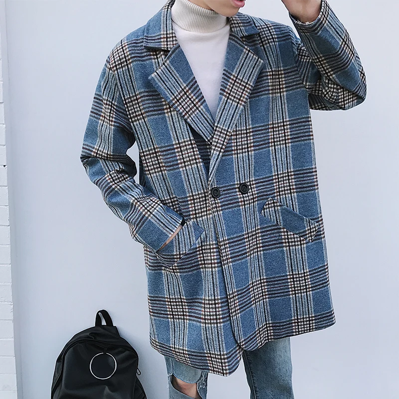 Корейская Осенняя мужская мода 2018 клетчатое шерстяное пальто с отворотом