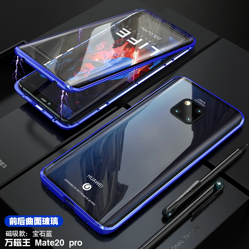 Для huawei mate 20 Pro Магнитный чехол 360 Передний+ задний двухсторонний 9H чехол из закаленного стекла для huawei mate 20 Pro металлический бампер чехол