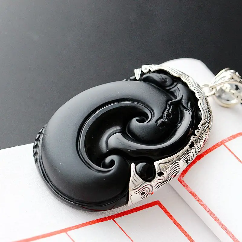 

925 sterling silver inlaid natural Obsidian pendant Ruyi Pendant