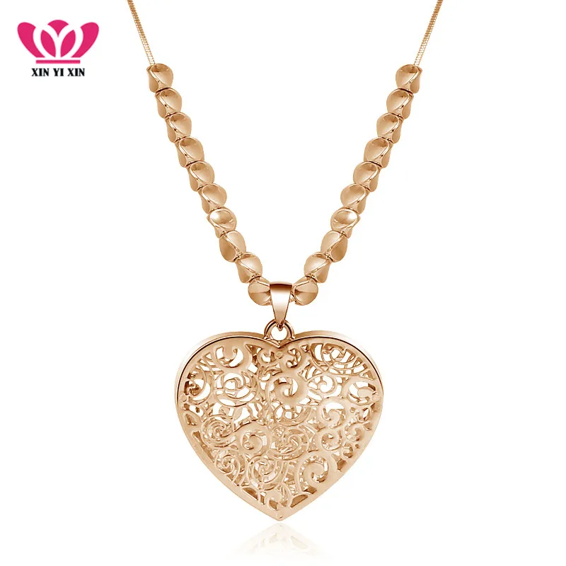 New Design Gold Color Hollow Heart With Crystals Pendant Necklace For Women Sweater Long Beads Chain Fashion Jewelry | Украшения и