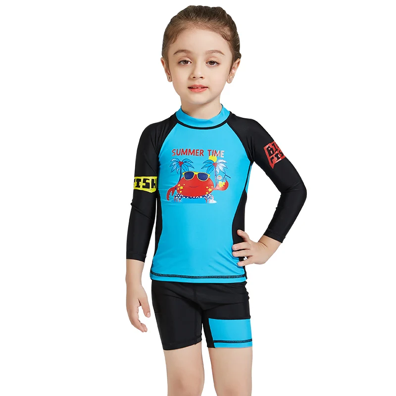 blue black set Анти УФ Рашгард для детей лайкра дайвинг гидрокостюм для детей с длинными рукавами футболка трусики от купальника из двух частей купальники - Цвет: blue black set