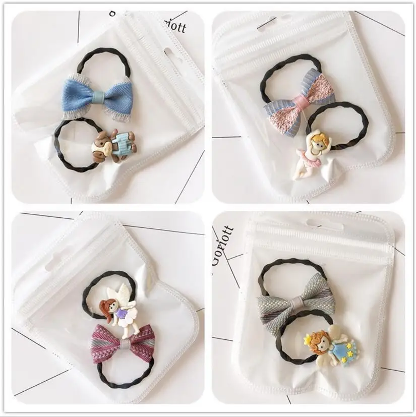 

4Pcs/se Kids cartoon animal flower hair bow elastic hair band girls rubber band toddlers Chiffon ties ring hair accessories Q47