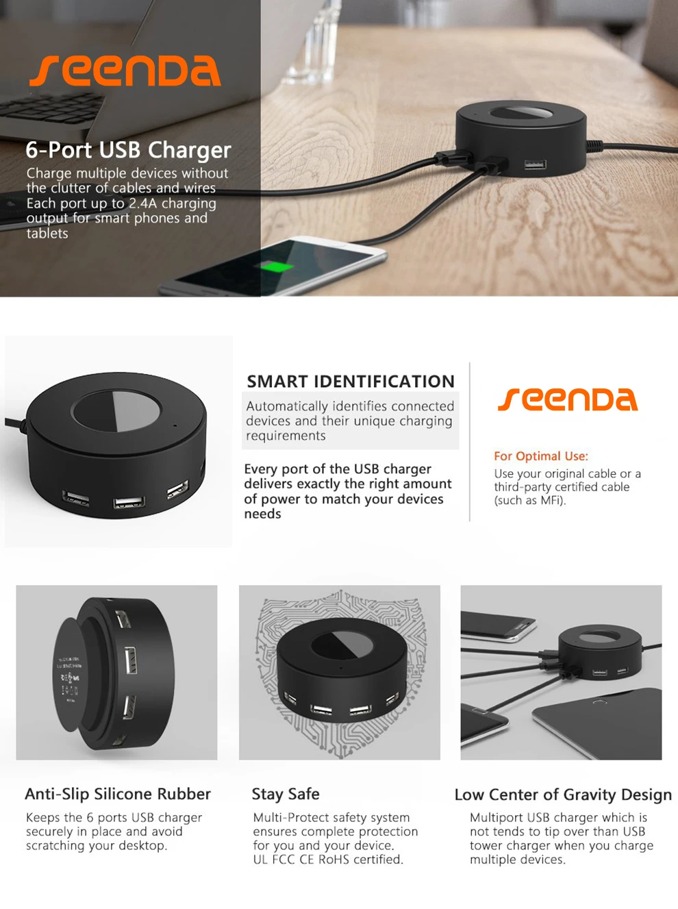 Seenda 30W 6-Порты и разъёмы USB быстрая зарядка для путешествий универсальный настольный быстрой Зарядное устройство с интеллектуальной идентификацией для samsung LG Xiaomi iPhone