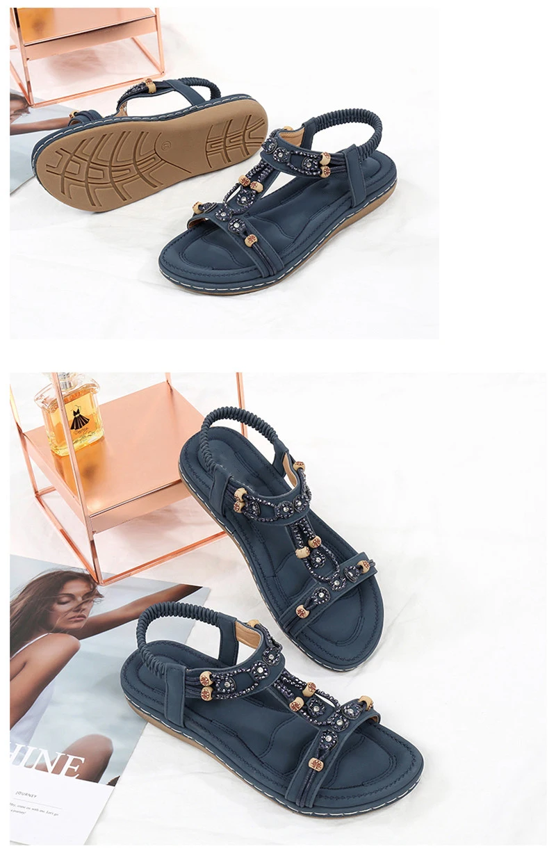 MVVJKE Women Sandals New Flat Sandals Women Summer Bohemia Style Rhinestone Comfortable Beach Shoes Women Plus