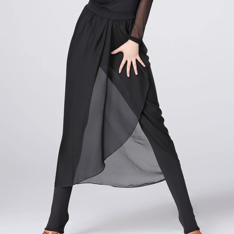 Женские брюки для бальных танцев черные из сетчатой ткани с кисточками одежда