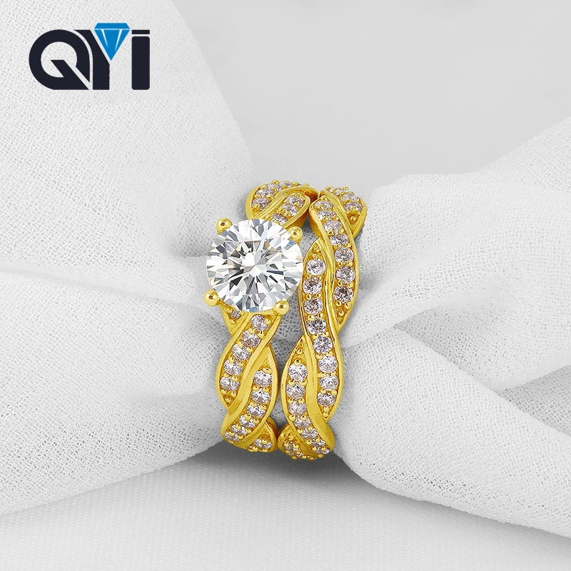 QYI Luxury Wedding Rings Sets 14K Solid Yellow Gold Round 1 Ct Moissanite Diamond Engagement Women Wedding Ring
