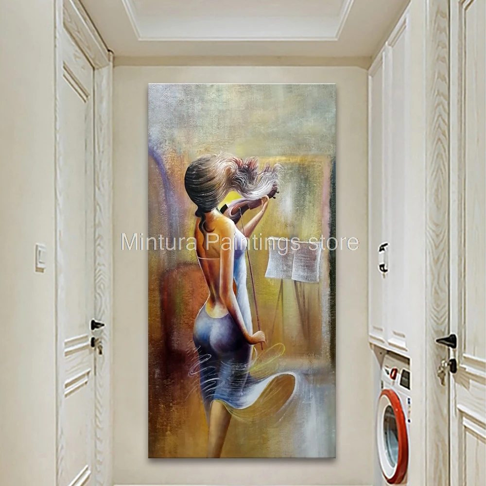 

Mintura Hand-Painted Evening Dress Pretty Girls Violin Oil Paintings Canvas Morden Abstract Corridor Decor Vertical Large