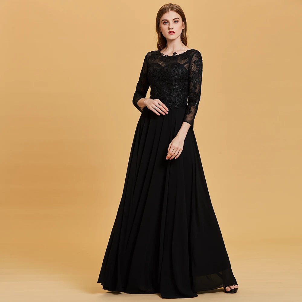 Dressv вечернее платье с длинным рукавом, королевское синее платье с аппликацией, круглый вырез, длина до пола, платье трапециевидной формы, женское свадебное длинное вечернее платье es