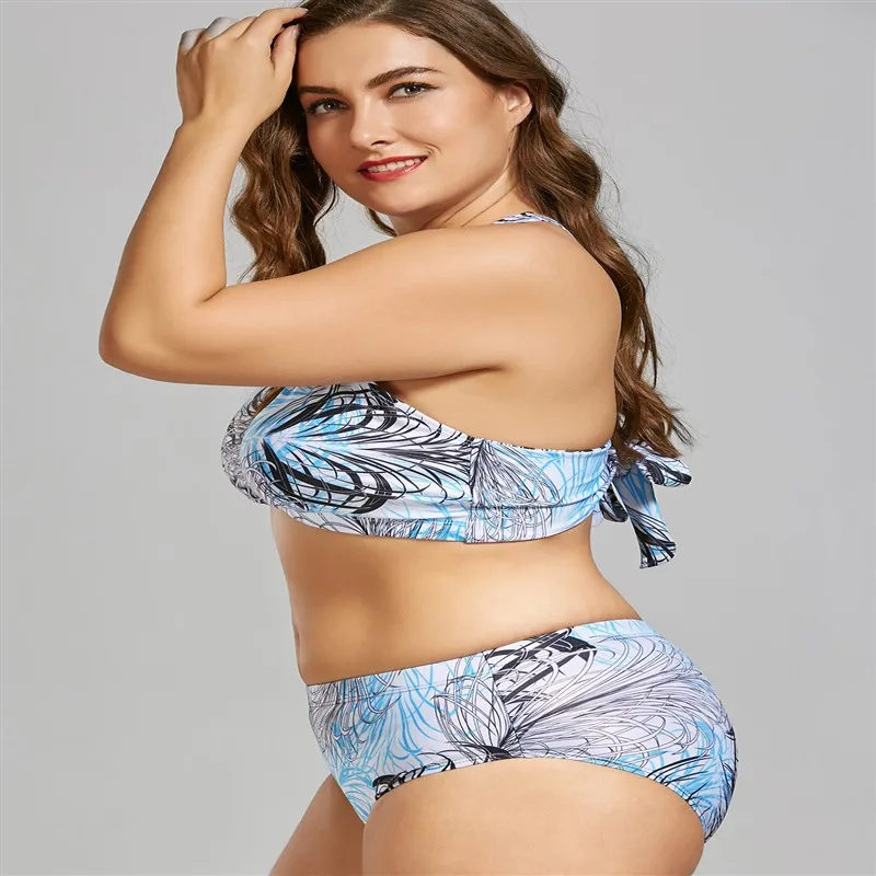 Женский раздельный купальник большой размер Синяя пляжная одежда купальный