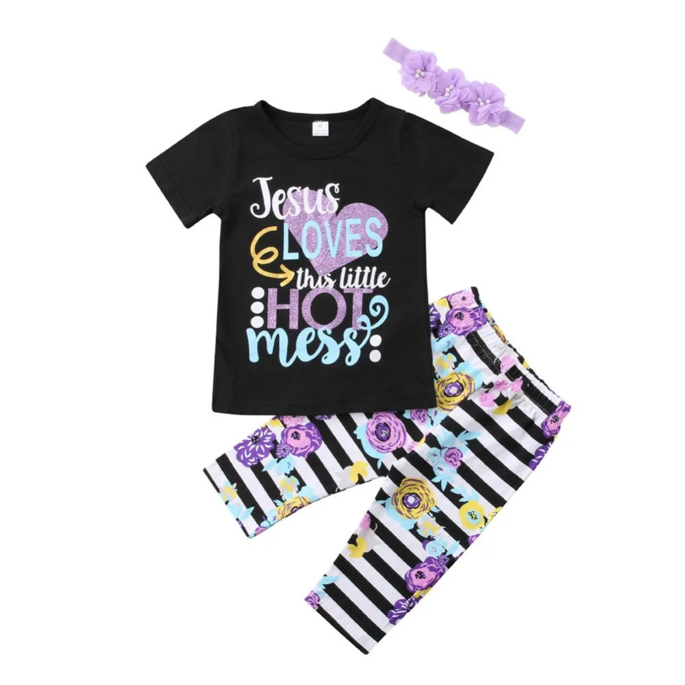 

Hot Children Girls Clothing Sets Jesus Loves Black Tee Print Floral Mess Tops Striped Floral Pants 3pcs 2-6y Girls Clothes Suit