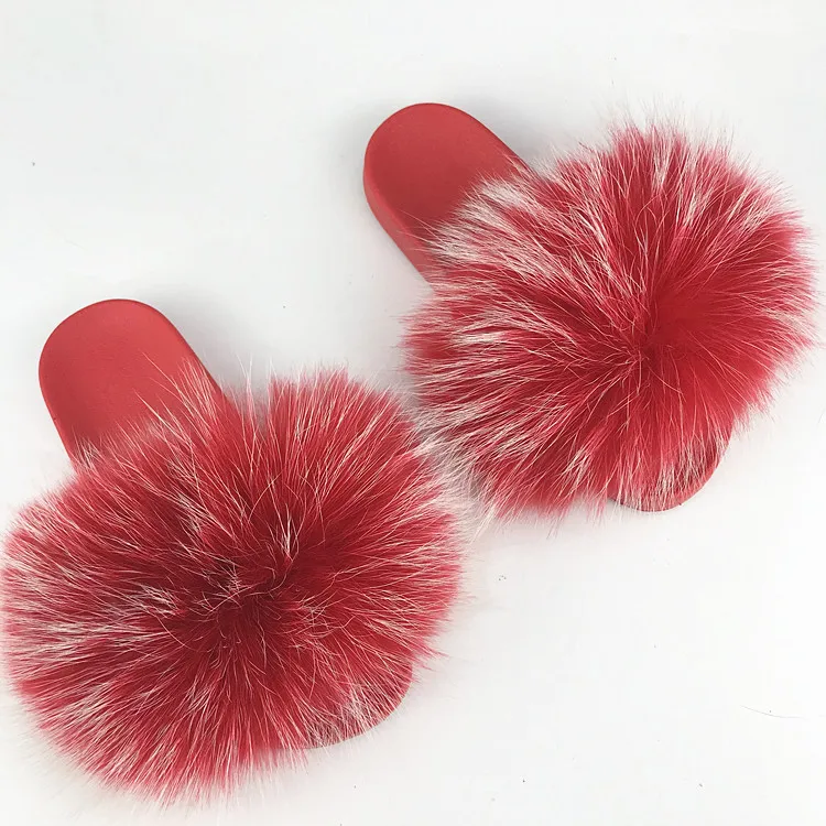 2018 реальные красный мех енота Тапочки женские туфли без задника с подкладкой из