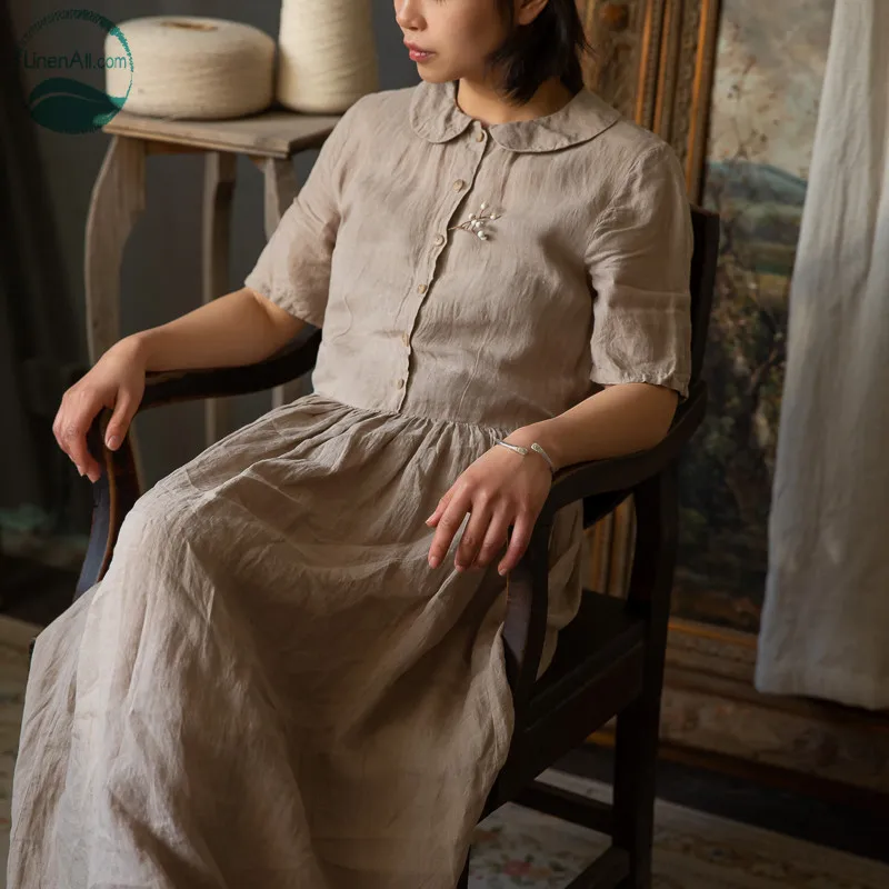 LinenAll женское винтажное платье с воротником Питер Пэн 100% льняное окрашенное