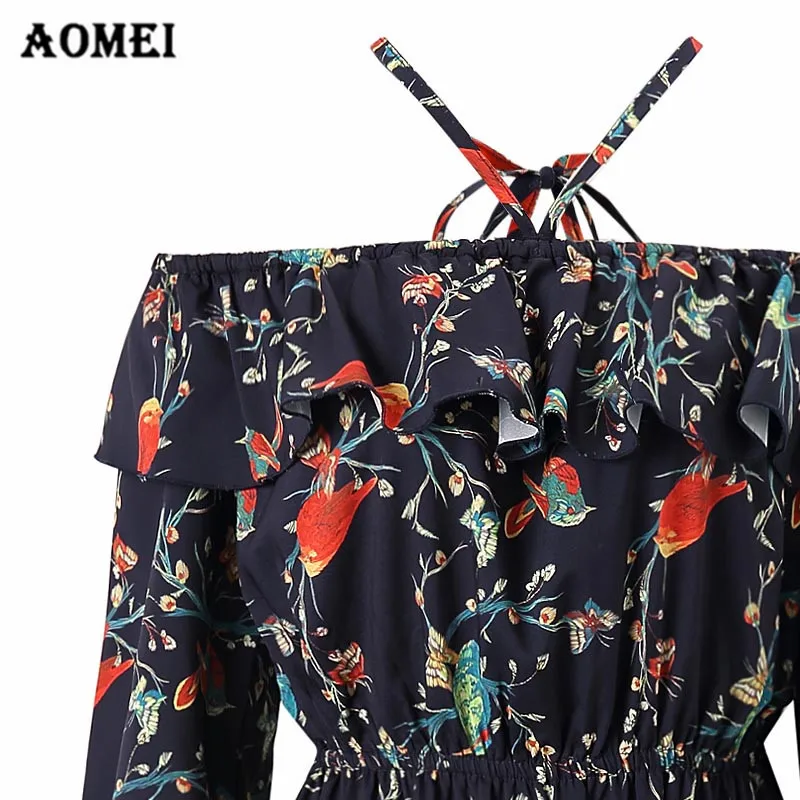 Женское платье с открытыми плечами Винтаж печать Холтер Обувь для девочек