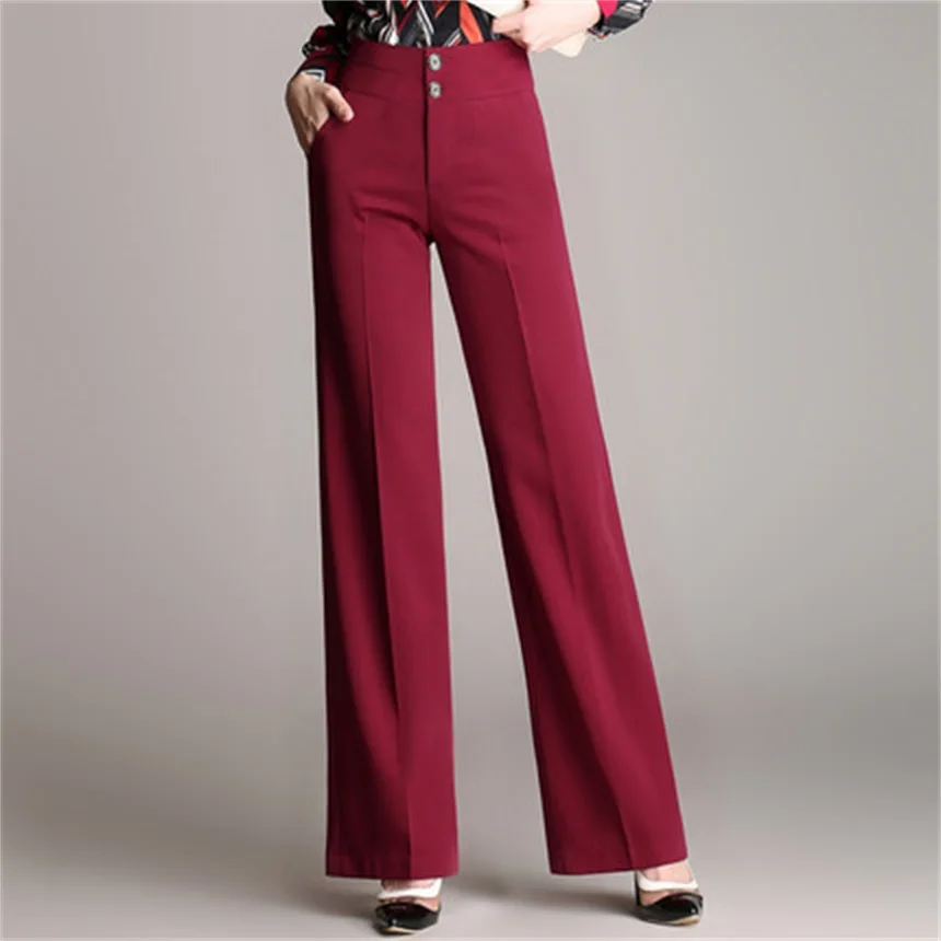 

2018 New 4XL Plus Size Wide Leg Pants Women High Waist OL Work Office Trousers Arrival Gold Buttons Womens Pants Black Red Blue