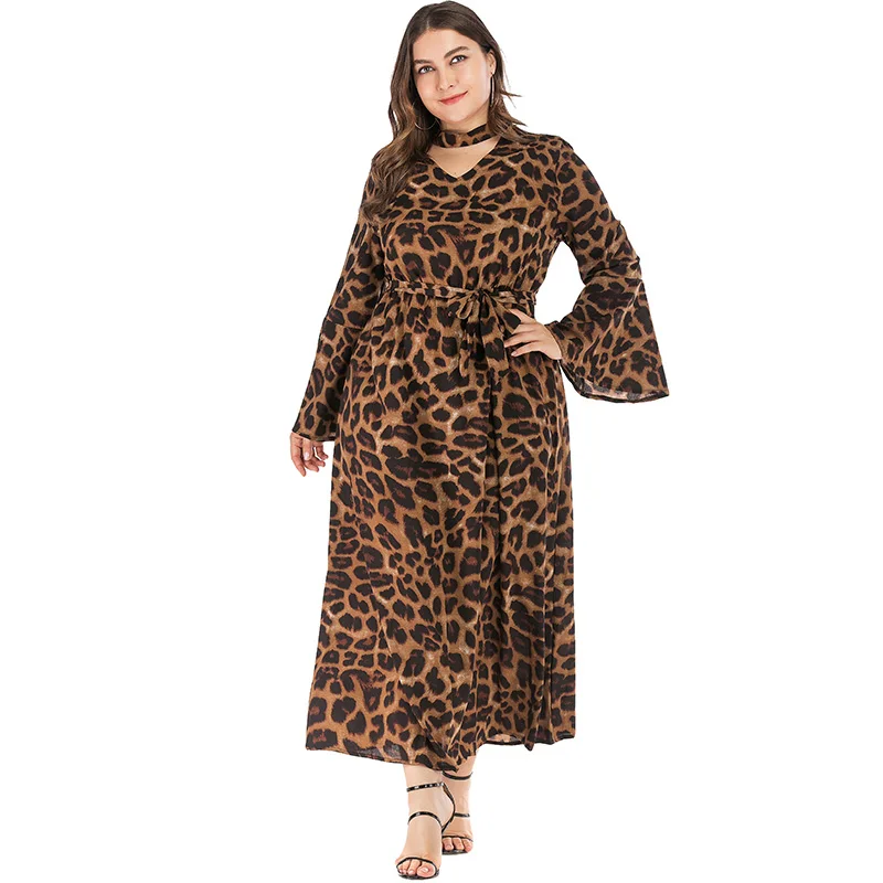 Women Plus Size Long Dress Leopard Leaves Print Choker V Neck Fall 2019 Flare Sleeve Slim Elegant Maxi Brown/Yellow | Женская одежда