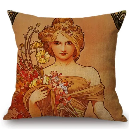14 Vintage European Art Nouveau Mucha Gallery Decorative Sofa Pillow Cover Beautiful Beauty Girl Cotton Linen Luxury Cushion Cover - Цвет: 14