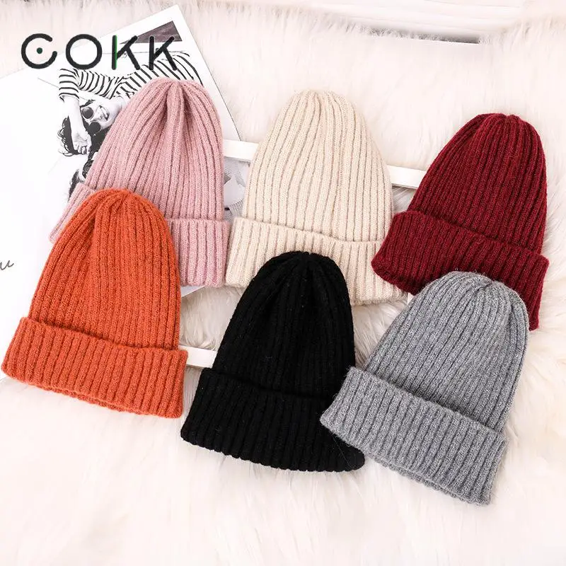 

Вязаная шапка в полоску COKK, зимняя шапка, женская шапка, женские повседневные Шапки, эластичные шапки для женщин и девочек, женские толстые т...