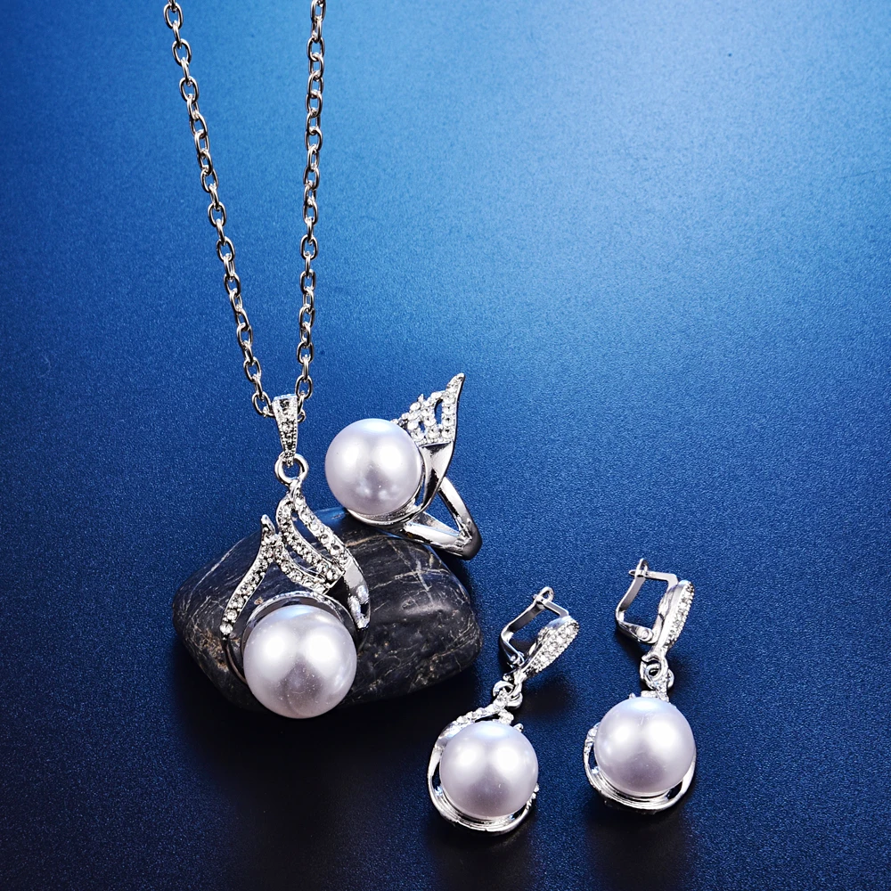 Fashion Bridal Pearl Jewelry Sets For Women Silver Color Full Rhinestone Crystal Water Drop Pendant Necklace Earrings Ring Set | Украшения