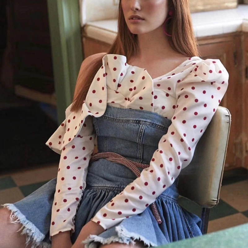 Блузки Для женщин Атласные Рубашки с длинным рукавом в горошек сексуальный топ