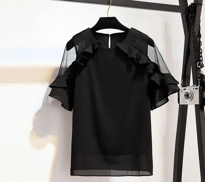 JOYINPARTY Sheer Insert Frill Trim Blouse 2018 New Fashion White Round Neck Short Sleeve Women Top Summer Casual | Женская одежда