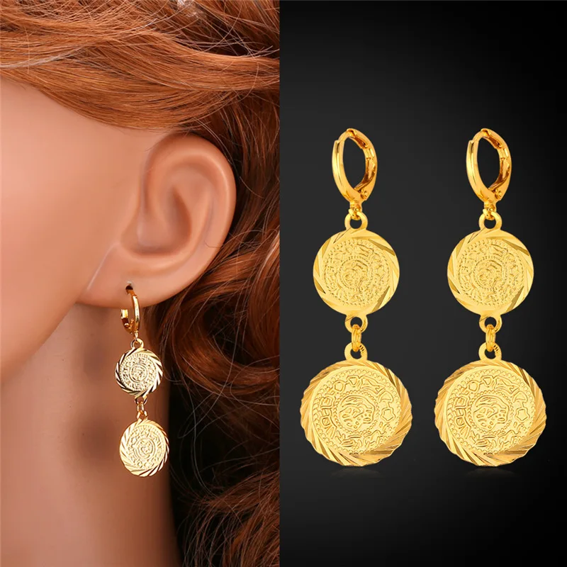 Женские длинные серьги подвески в форме монет золотистого цвета|coin earrings|coin drop