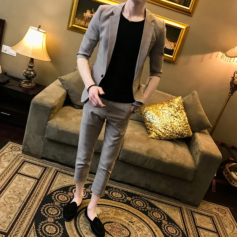 Spring and summer men's sleeves small suit Korean Slim youth hair stylist business two sets of tide (shirt + pants) | Мужская одежда