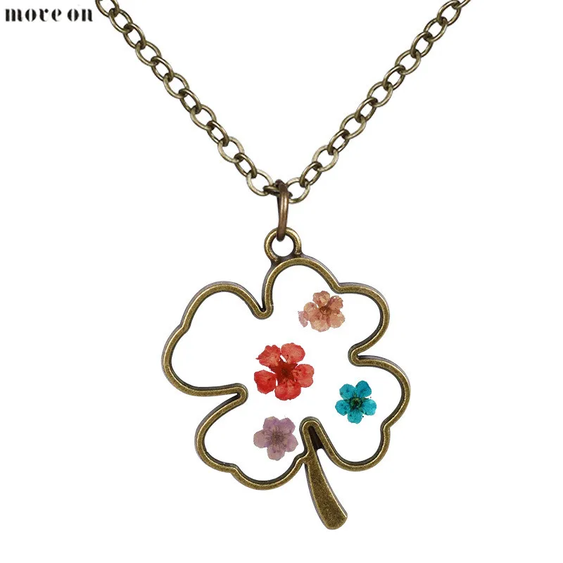 Массивная бижутерия ожерелье с сухим цветком растением клевером парные ожерелья