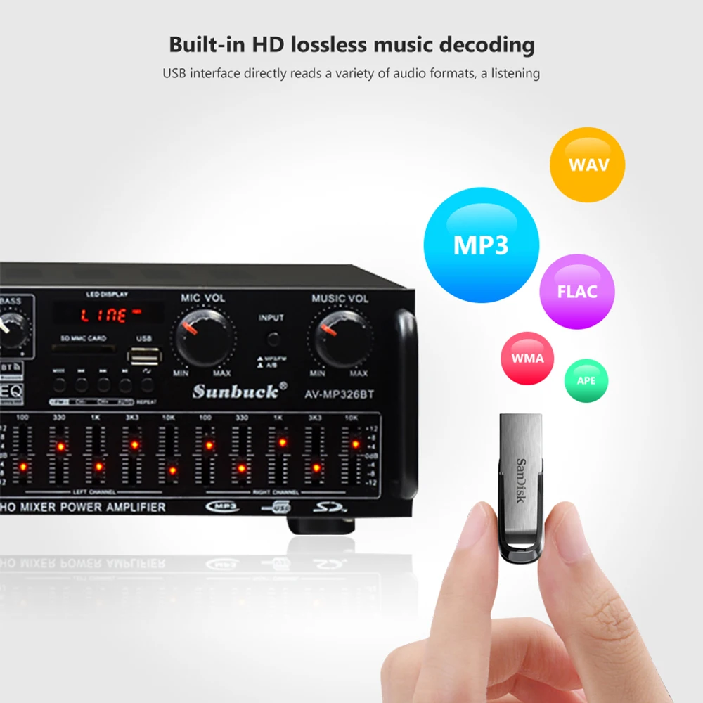 SUNBUCK 150 Вт* 2 220 в домашний Bluetooth HiFi усилитель высокой мощности эквалайзер Эквалайзер 12 в автомобильный уличный радио Многофункциональный усилитель мощности