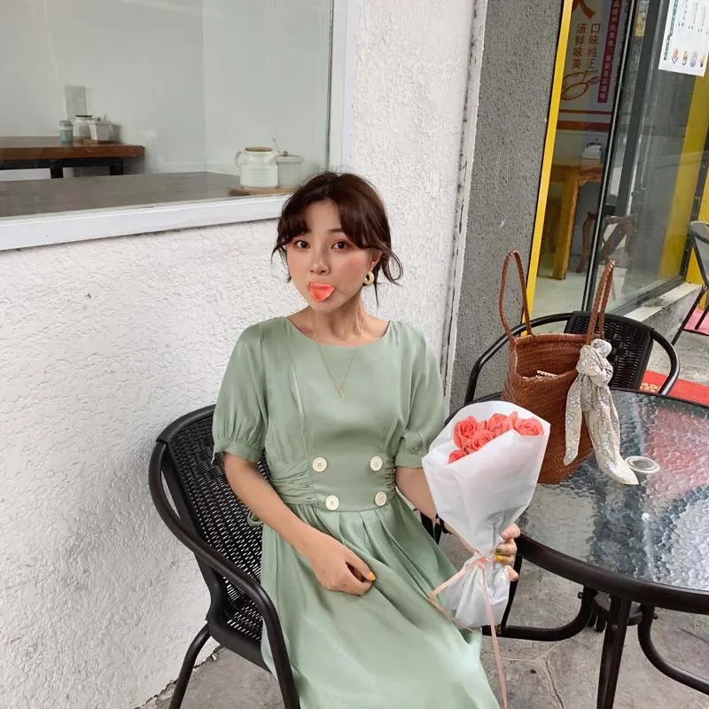 Fashion 2019 Summer New Solid Beach Long Dress Women Vintage Short Sleeve Empire A-Line Female Casual Mid Dresses | Женская одежда