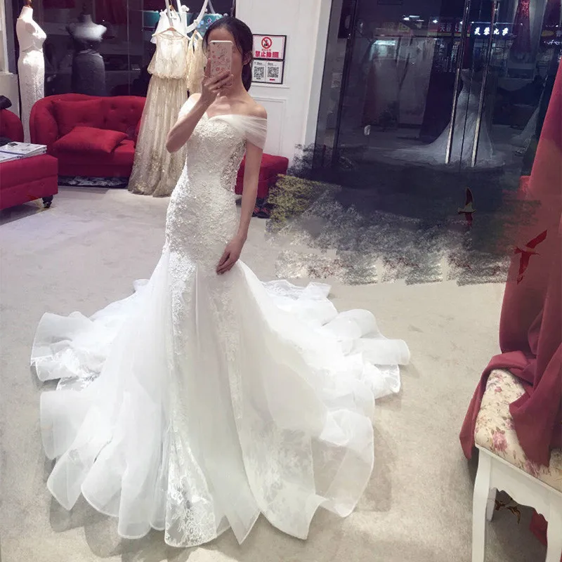 Хит продаж свадебное платье с открытыми плечами новинка 2017 талия рыбий хвост для