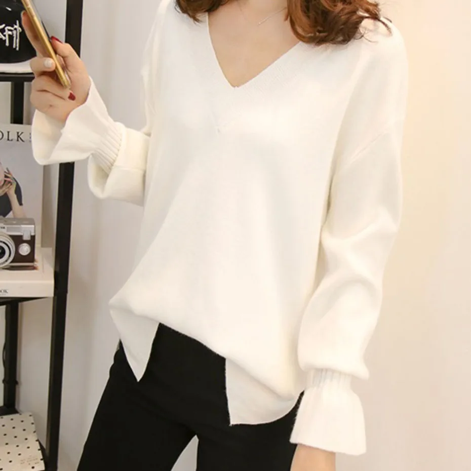 Для женщин свободный свитер осень Асимметричная Лоскутная v-образным вырезом с