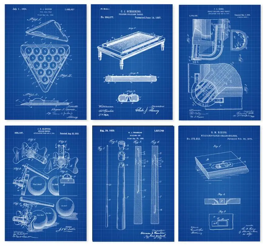 blueprint Лакированные принты для бильярда-набор из 6-декор для бильярда-бильярдный кий арт-Бильярд/план для бассейна-стойка для бассейна-бильярдный зал - Цвет: blueprint