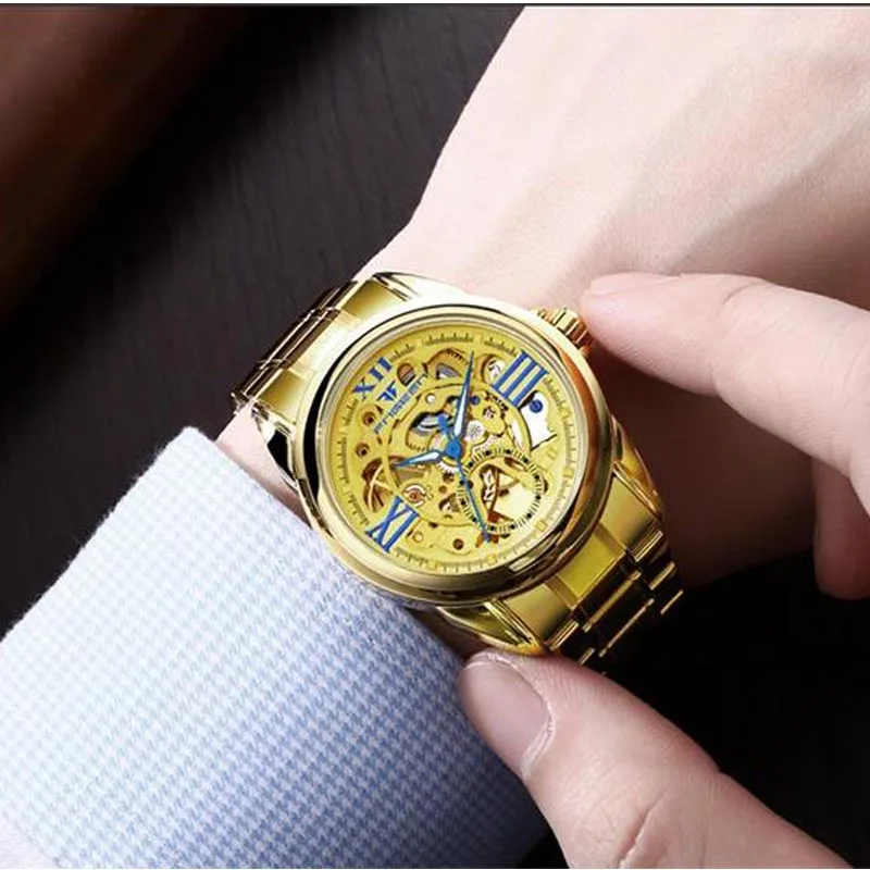 Golden Watches Men Skeleton Mechanical Watch Stainless Steel Top Brands Luxury Man Hollow Wristwatch | Наручные часы