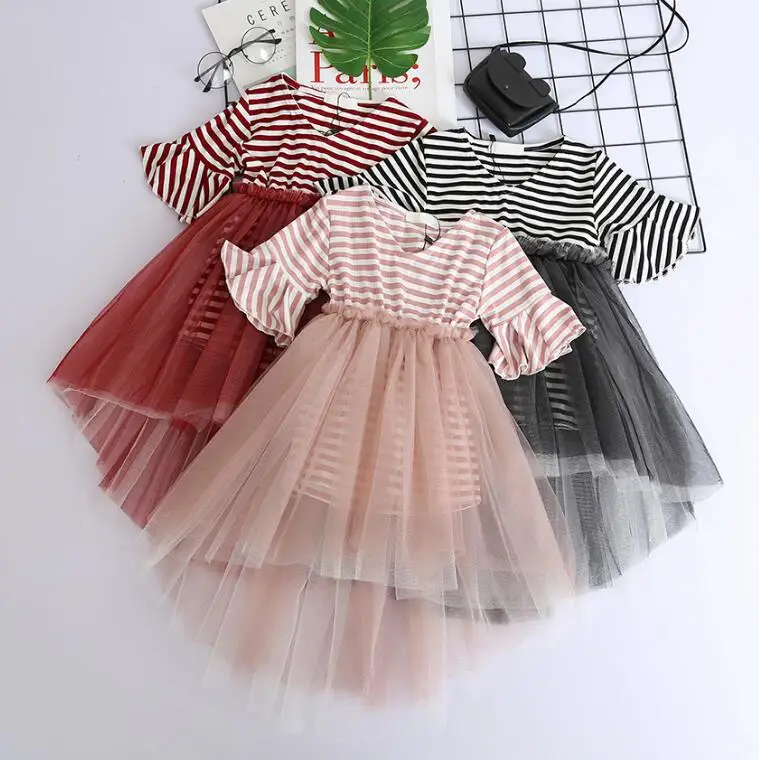 2018 Children Cotton Striped Flare Sleeve Mesh Dresses Girls Princess Cute Dress 5 pcs/lot Wholesale | Детская одежда и обувь