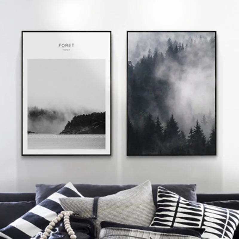 Fog Black White Gray Forest Letter Simple Style Nordic Modern Artistic Beauty Art Picture Canvas Posters for Home Decoration | Дом и сад