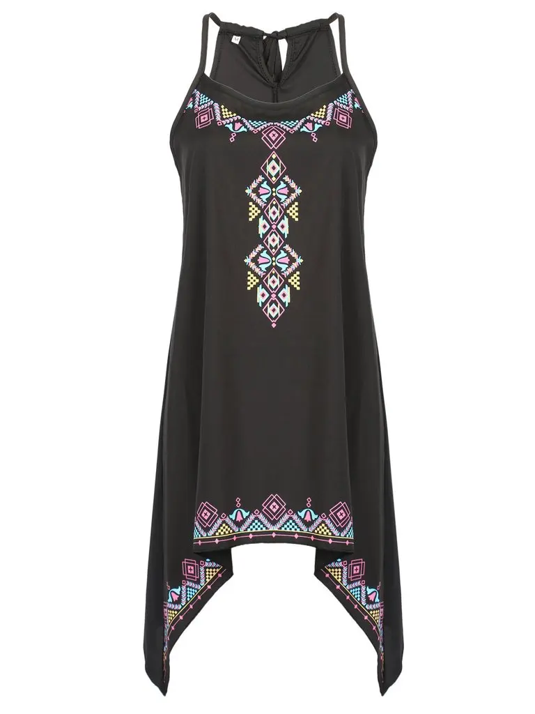 Black Casual Print Cami Dress Fashion Sexy Tribe Printed A-Line for Women | Женская одежда