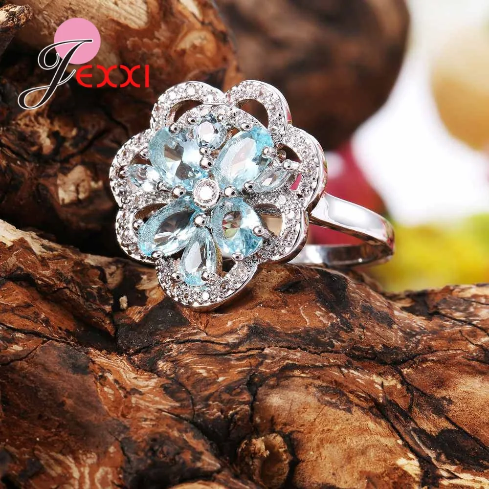 

Sky Blue Crystal 925 Sterling Silver Woman Ring Flower Simple Ring Wedding Jewelry Gift Size 6-10 For Beautiful Women