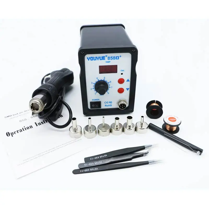 Паяльная станция YOUYUE 858D + ESD, паяльная станция 700 Вт с горячим воздухом, паяльная станция BGA с 6 насадками + 3 пинцета