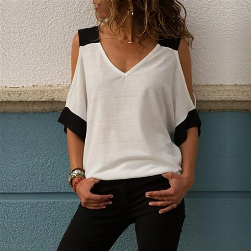 Женская Сексуальная футболка с открытыми плечами и v образным вырезом черная