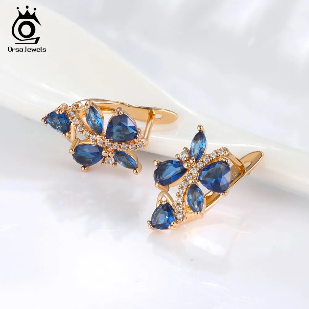 ORSA JEWELS идеальные полированные женские серьги-гвоздики золотистого цвета, вечерние серьги с синим кубическим цирконием ААА, модные ювелирные изделия, подарок OME56-L