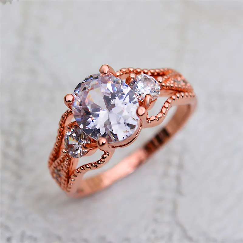 Cute Female Round Solitaire Ring Fashion Crystal Rose Gold Zircon Stone Vintage Wedding Bands Promise Women Engagement | Украшения и
