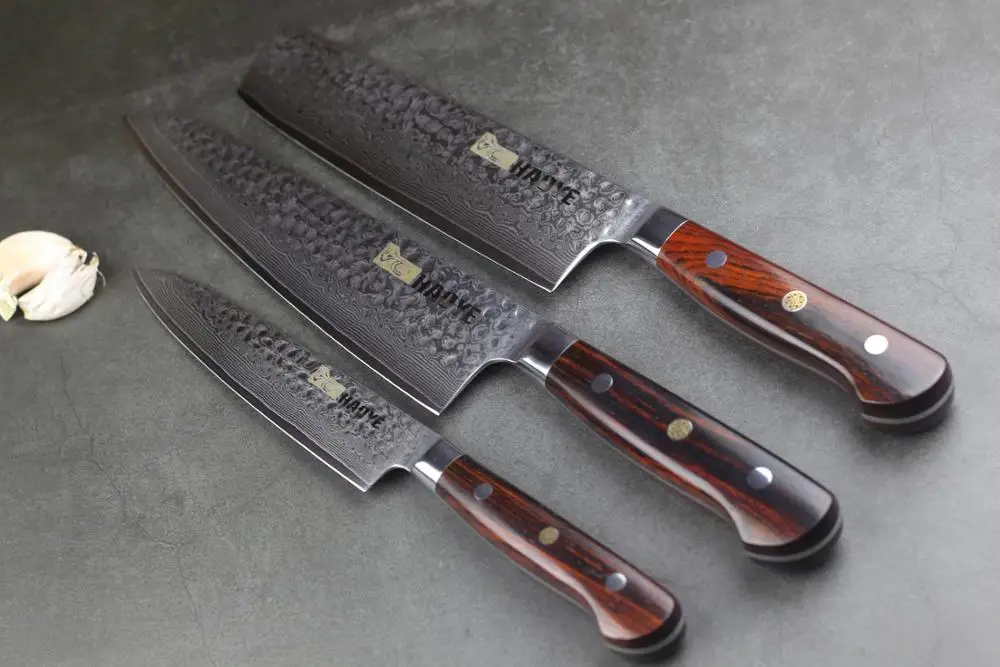3 шт. японский шеф-повара Nakiri Gyuto Набор ножей для стейка Дамасские кухонные ножи с ручкой Dalbergia Полный Тан приготовления столовых приборов Новинка