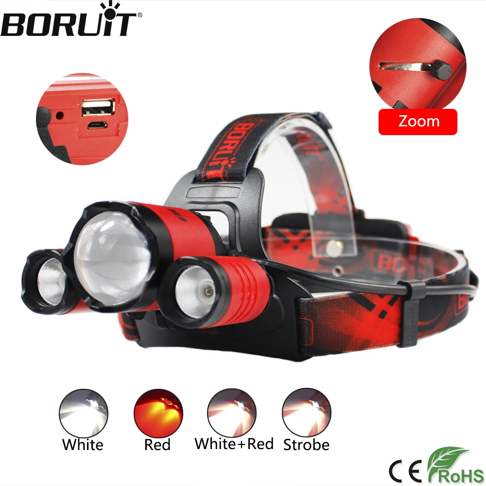 BORUiT XM-L2 светодиодный налобный фонарь XPE красный светодиодный фонарик для охоты 4-режиме с регулируемым зумом, Мощность банк налобный фонарь, 18650 Батарея
