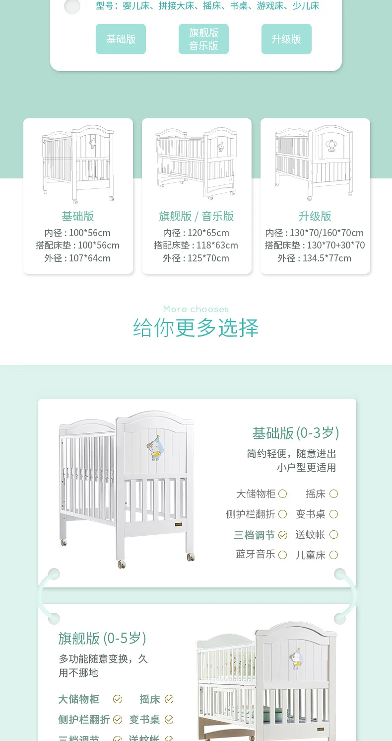 Многофункциональная музыкальная кровать Babyfond из цельного дерева для новорожденных, кровать-колыбель с роликом, детская кроватка с большим пространством