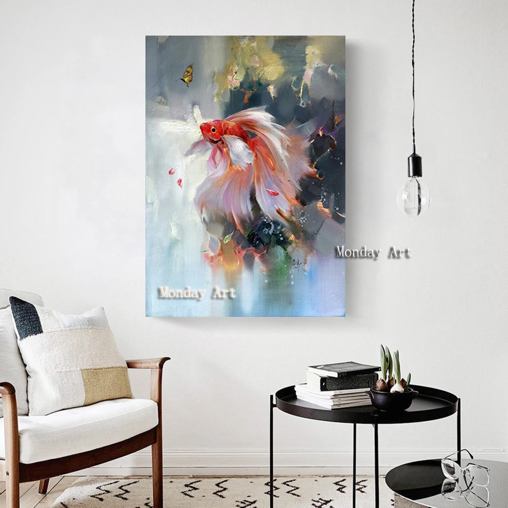 Ручная работа Традиционный китайский абстрактный пейзаж Картина маслом Koi Fish Настенная картина для гостиной домашний Декор без рамки