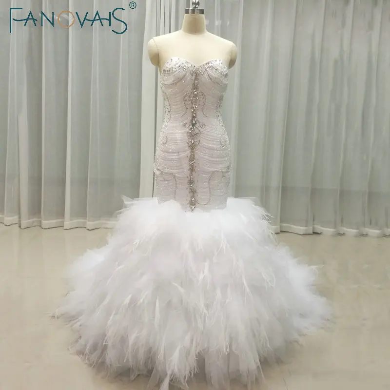Роскошные сверкающие Русалка свадебные платья Кристалл топ с пером снизу vestido de