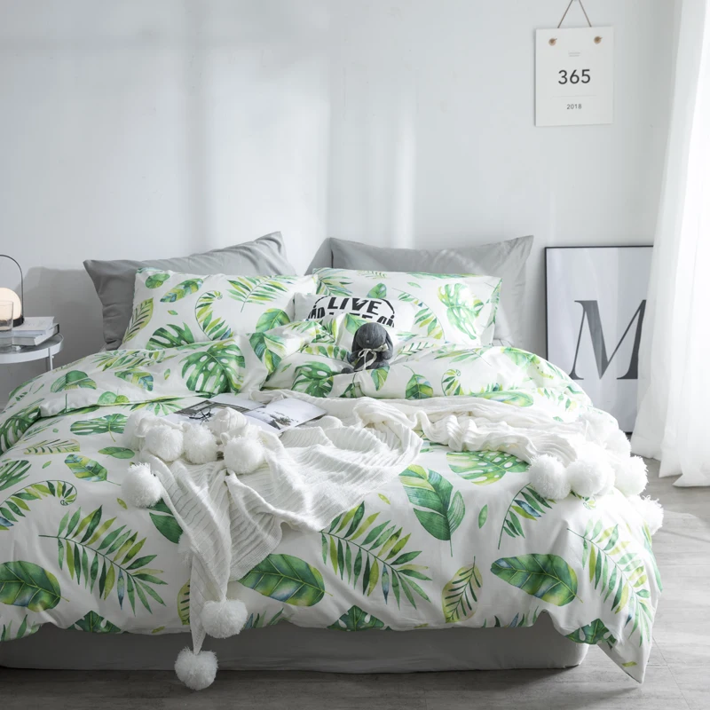 2018 Fashion Leaves Print Sheet Pillowcase and Duvet Cover Sets 100% Cotton Bedlinen Twin Double Queen King Size Bedding Set | Дом и сад