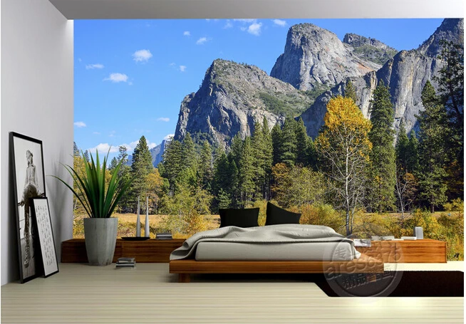 Настенные 3D обои для зала с изображением горного леса и пейзажа телевизора